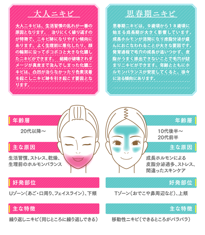 大人ニキビは、生活習慣の乱れが一番の原因となります。治りにくく繰り返すのが特徴で、ニキビ跡になりやすい傾向にあります。よく生理前に悪化したり、顔の輪郭に沿ってボコボコと大きな可能したニキビができます。組織が破壊されダメージが真皮まで及んでしまった化膿ニキビは、凸凹が治らなかったり色素沈着を起こしニキビ跡を引きを起こす要因となります。思春期ニキビは、9歳頃から18歳頃に始まる成長期が大きく影響しています。成長ホルモンが活発になり皮脂分泌が盛んにおこなわれることが大きな要因です。発育過程で毛穴の成長が追いつかず、皮脂がうまく排出できないことで毛穴が詰まりニキビができます。年齢と共にホルモンバランスが安定してくると、徐々に治る傾向にあります。