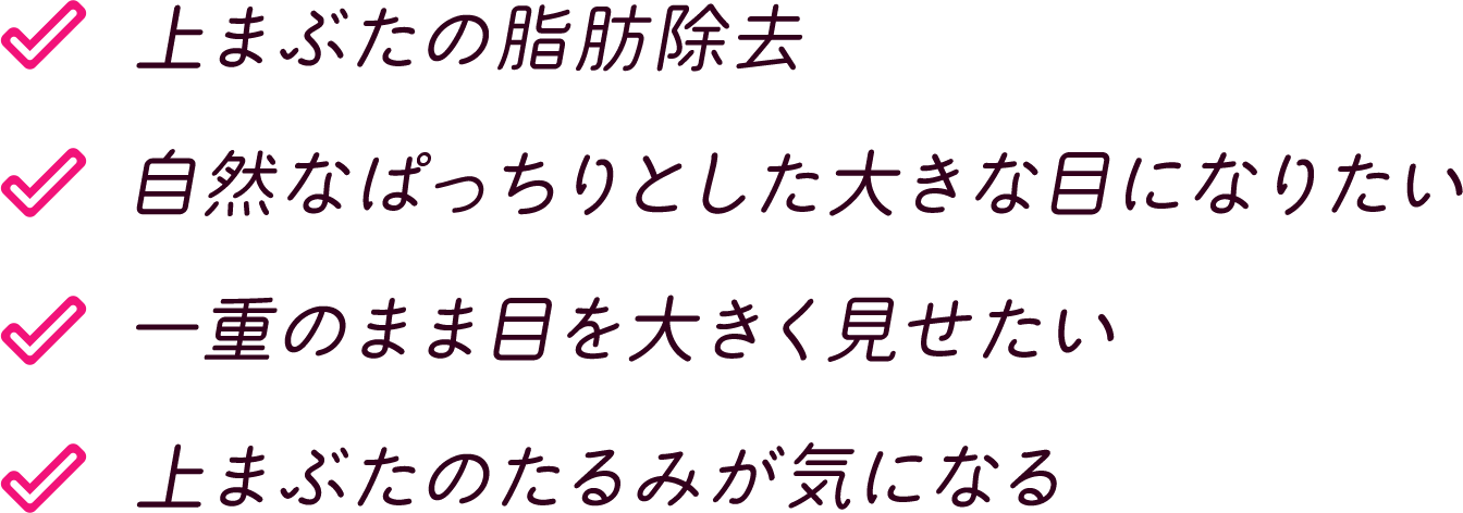 上まぶたの脂肪除去、自然なぱっちりとした大きな目になりたい、一重のまま目を大きく見せたい、上まぶたのたるみが気になる